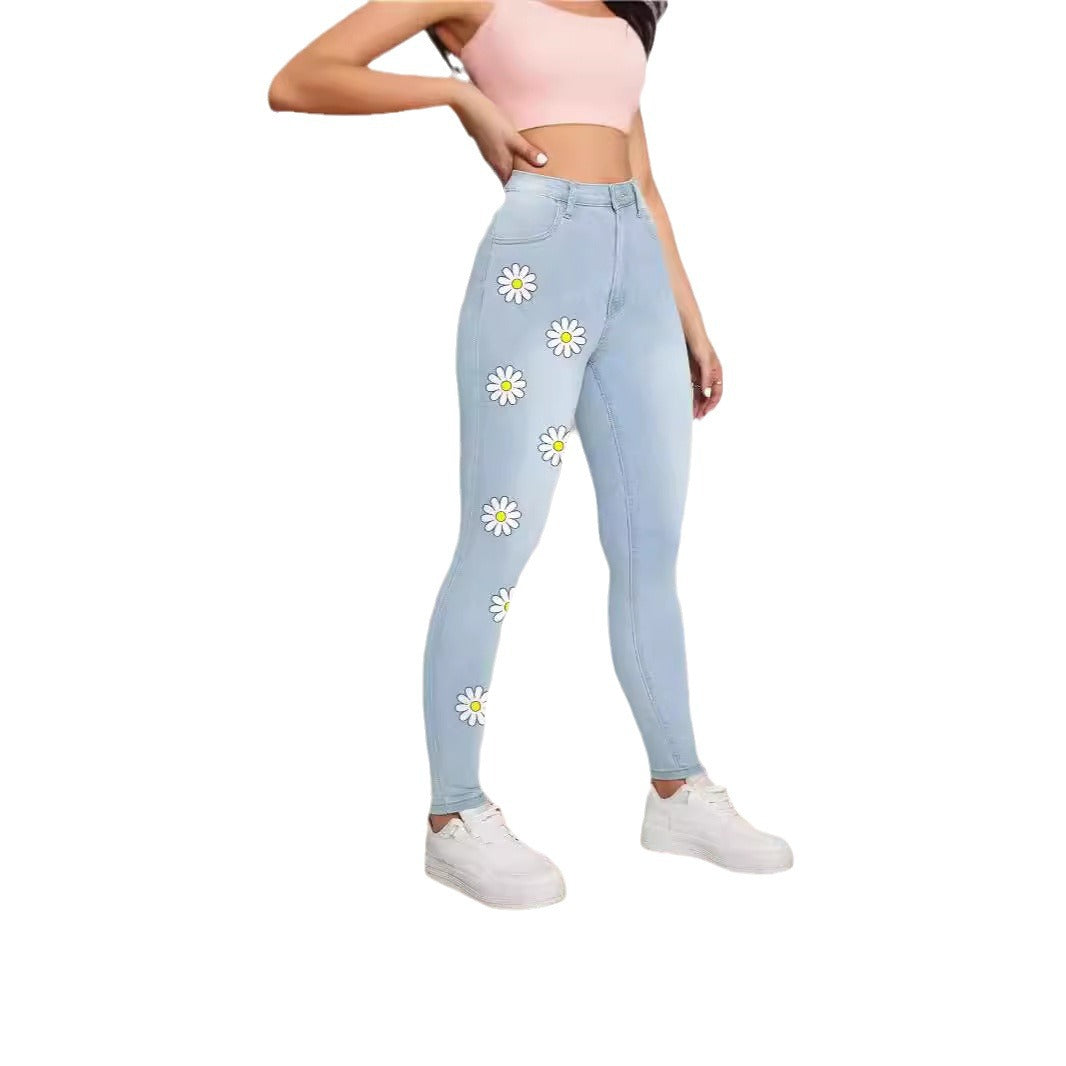 Damen Hochtaillierte Skinny-Jeans mit stilvollen Blumenapplikationen Stalluxe