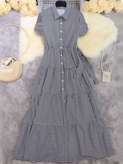 Damen Hemdblusenkleid mit lässigem Streifenmuster und Taillengürtel Stalluxe