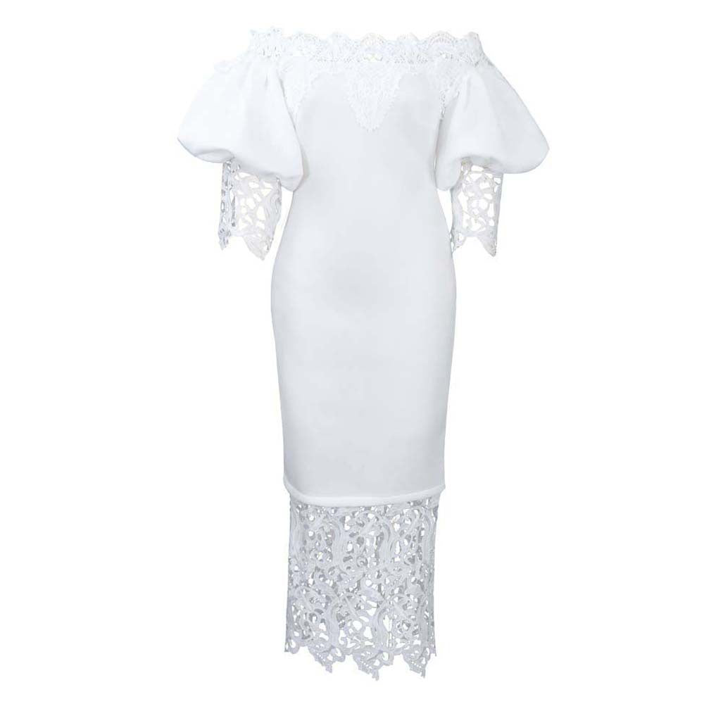 Damen Off-Shoulder Maxikleid mit Spitzenakzenten und figurschmeichelndem Schnitt Stalluxe Weiß