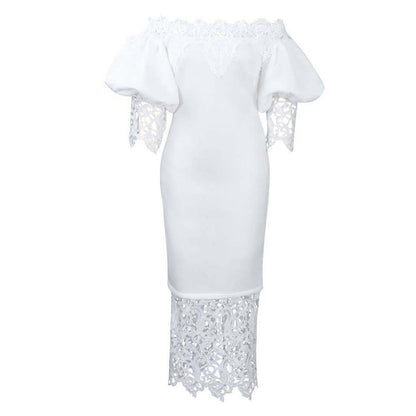 Damen Off-Shoulder Maxikleid mit Spitzenakzenten und figurschmeichelndem Schnitt Stalluxe Weiß