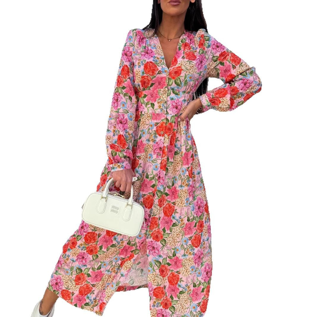 Damen Blümchen Maxikleid mit knöpfbarem Oberteil und eleganten Puffärmeln Stalluxe