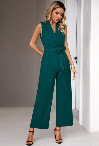 Damen Eleganter Jumpsuit mit Wickeloptik und Taillengürtel Stalluxe