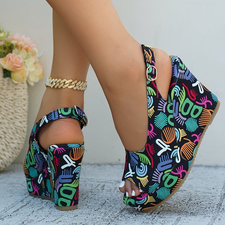 Damen Wedge-Pantoletten mit buntem Grafikdesign und verstellbarem Riemen Stalluxe