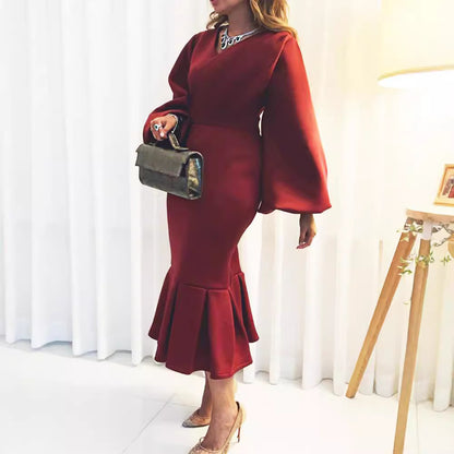 Damen figurbetontes Kleid mit voluminösen Ärmeln und schwingendem Saum Stalluxe