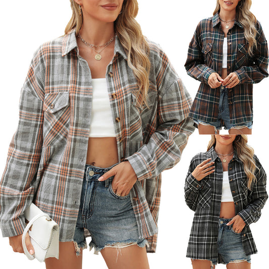 Damen karierte Hemdbluse mit oversized Schnitt und Brusttaschen Stalluxe