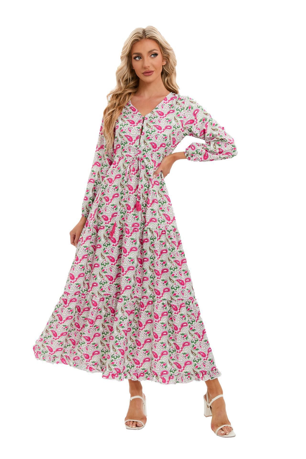 Damen Maxikleid mit feinem Paisleymuster und eleganter Knopfleiste Stalluxe