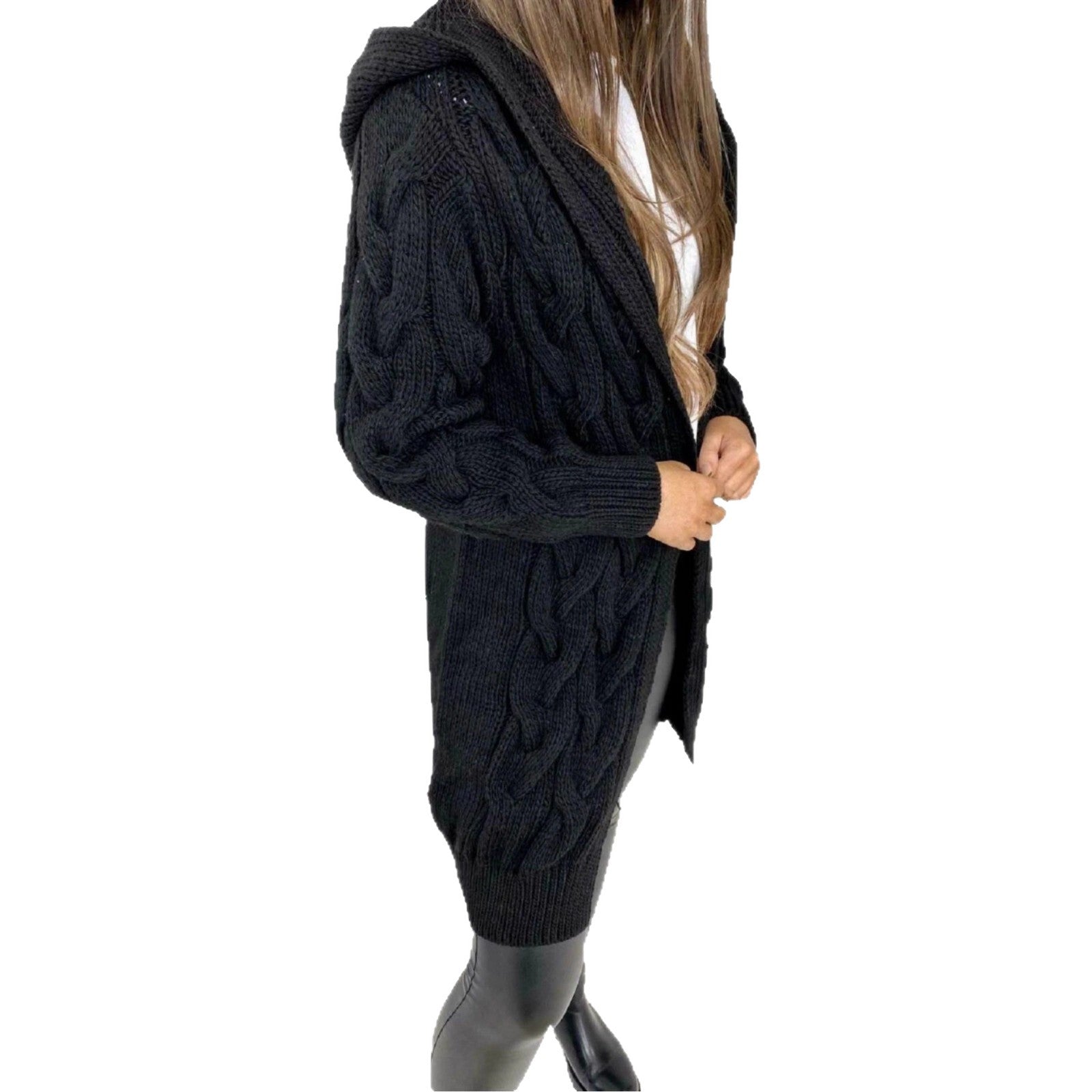 Damen Langer Strickmantel mit strukturiertem Zopfdesign und praktischer Kapuze Stalluxe