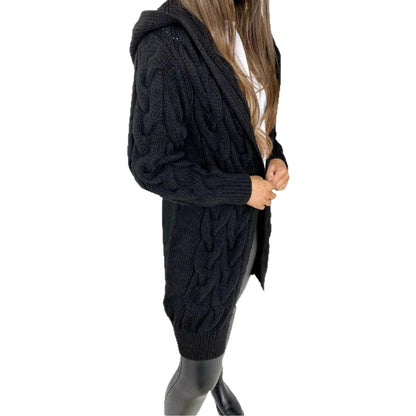 Damen Langer Strickmantel mit strukturiertem Zopfdesign und praktischer Kapuze Stalluxe