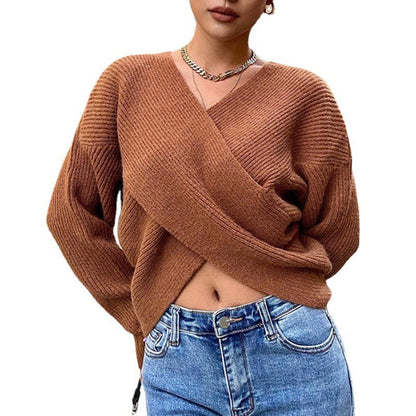 Damen Gemütlicher Strickpullover mit modernem Wickeldesign Stalluxe