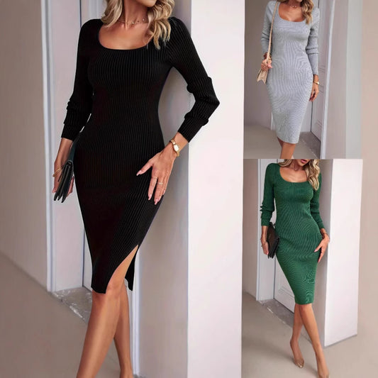 Damen Ripp-Kleid mit langem Arm und quadratischem Ausschnitt Stalluxe