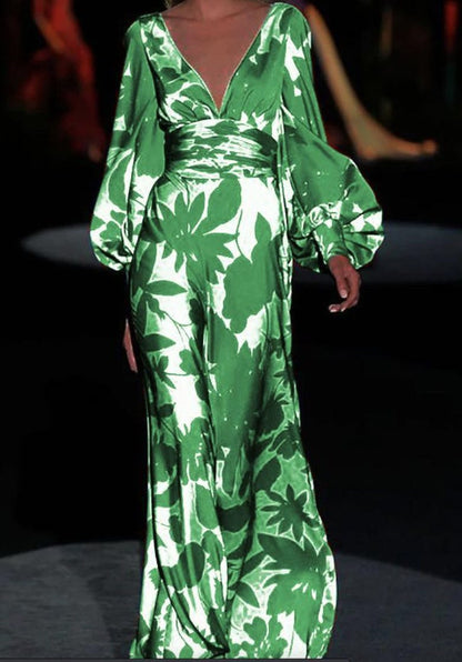 Damen Maxikleid mit tiefem V-Ausschnitt und voluminösen Ärmeln Stalluxe