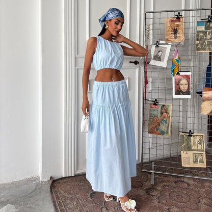 Damen Cropped Top und Maxi-Rock Set mit elastischem Bündchen und Volant Stalluxe