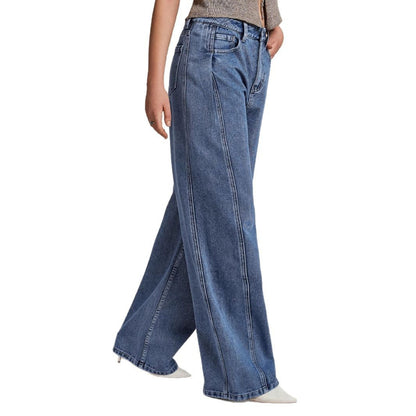 Damen Weit geschnittene Denim-Hose mit hohem Bund und modischen Nähten Stalluxe
