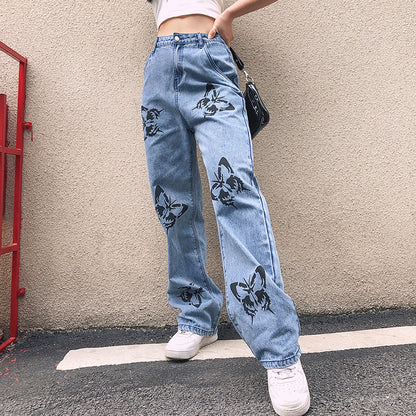 Damen weite High-Waist Jeans mit floralen Druckmotiven Stalluxe