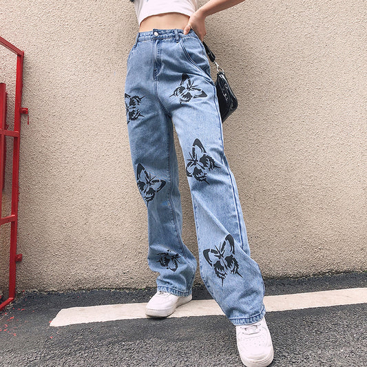 Damen weite High-Waist Jeans mit floralen Druckmotiven Stalluxe