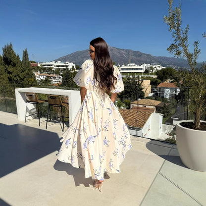 Damen Maxikleid mit elegantem V-Ausschnitt und voluminösen Puffärmeln Stalluxe