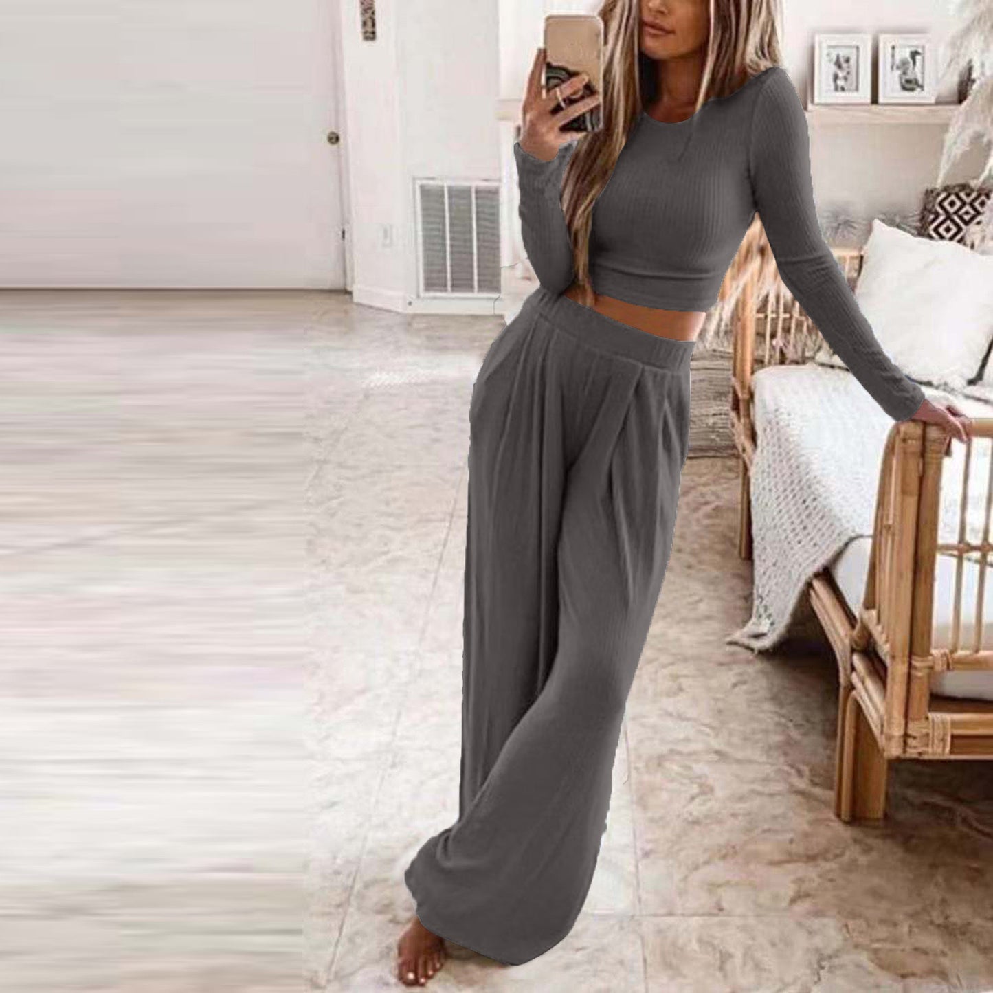 Damen Elegantes Lounge-Set mit langärmeligem Oberteil und weiten Hosen Stalluxe