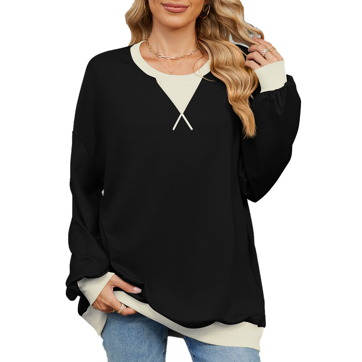 Damen lässiges Oversized Sweatshirt mit modernem V-Ausschnitt und eleganten Ärmelbündchen Stalluxe