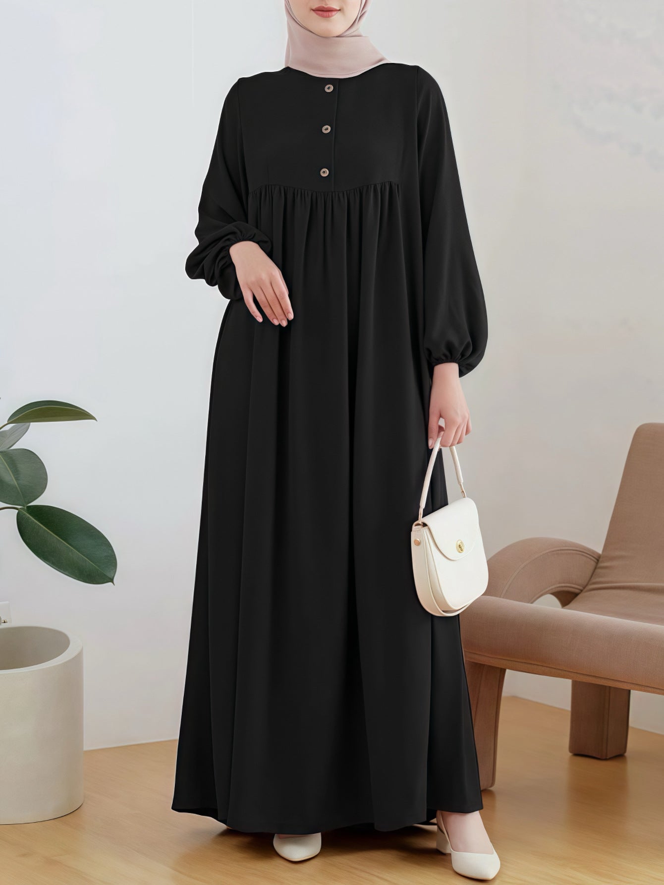 Damen luftiges Maxikleid mit bequemer Knopfleiste und eleganten Puffärmeln Stalluxe