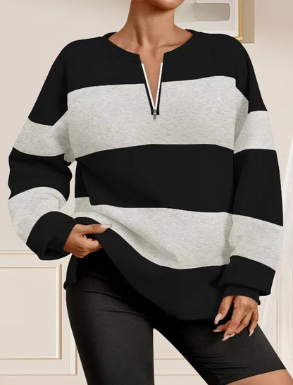 Damen modischer Sweatpullover mit Reißverschluss und gestreiftem Design Stalluxe Schwarz Weiß