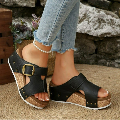 Damen Komfortable Keil-Sandalen mit verstellbarem Riemen und Korksohle Stalluxe