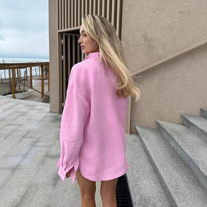Women's Oversized Linen Button-Up Shirt Stalluxe