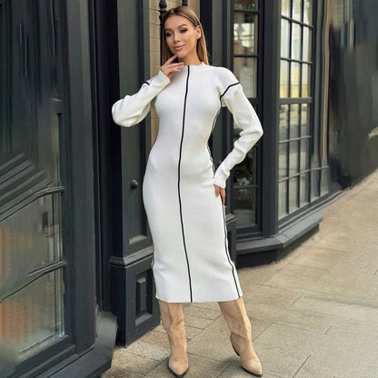 Damen elegantes Strickkleid mit raffinierten Kontrastnähten und figurbetontem Schnitt Stalluxe