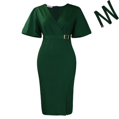 Damen Wickelkleid mit eleganter Akzentgürtelschnalle Stalluxe
