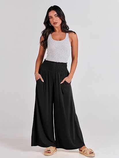 Damen weite Sommerhose mit elastischem Bund und seitlichen Taschen Stalluxe