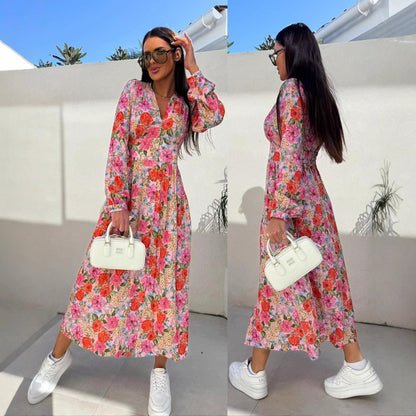 Damen Blümchen Maxikleid mit knöpfbarem Oberteil und eleganten Puffärmeln Stalluxe