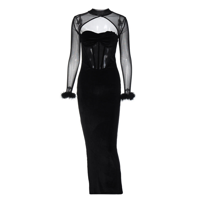 Damen Glamouröses Abendkleid mit transparenten Einsätzen und Pelzverzierungen Stalluxe