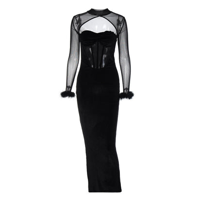 Damen Glamouröses Abendkleid mit transparenten Einsätzen und Pelzverzierungen Stalluxe
