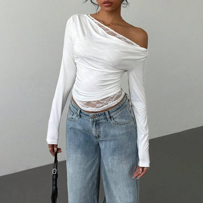 Damen Lässiges Langarmoberteil mit asymmetrischem Ausschnitt und transparenten Details Stalluxe