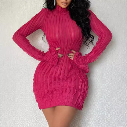 Damen figurbetontes Rippkleid mit langen Ärmeln und Stehkragen Stalluxe