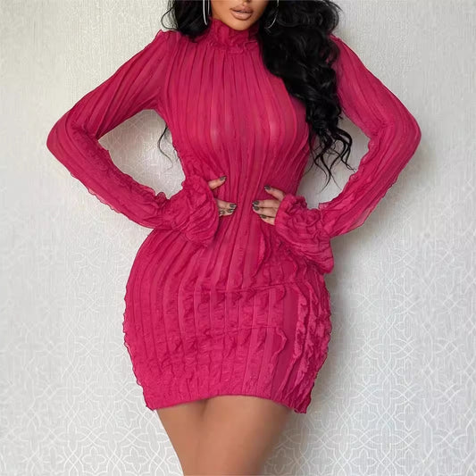 Damen figurbetontes Rippkleid mit langen Ärmeln und Stehkragen Stalluxe