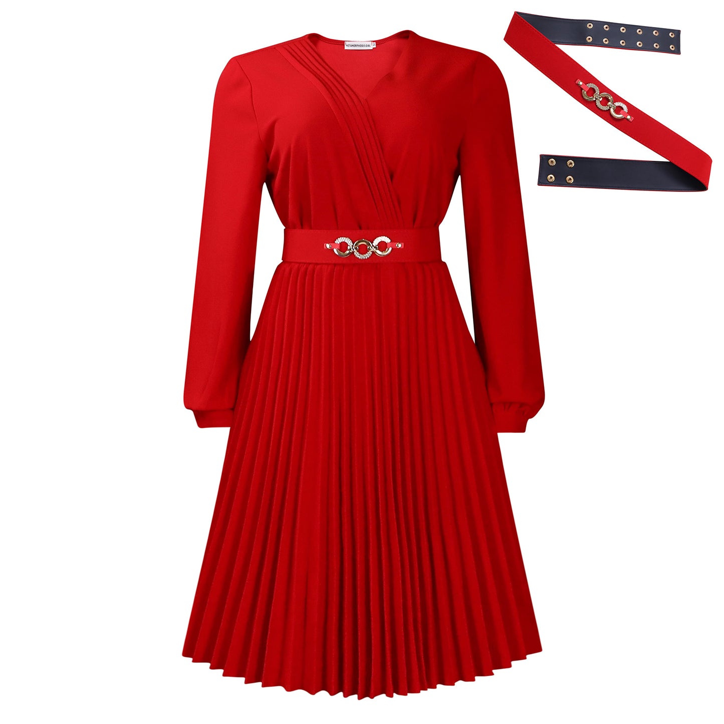 Damen Plissiertes Wickelkleid mit Gürtel und eleganter Brosche Stalluxe Rot