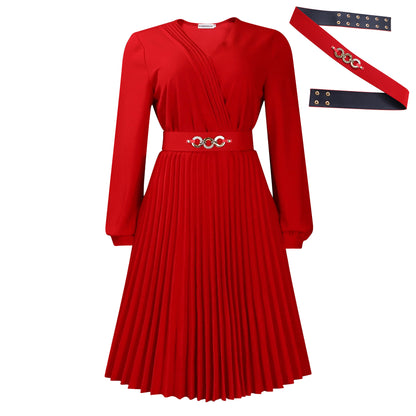Damen Plissiertes Wickelkleid mit Gürtel und eleganter Brosche Stalluxe Rot