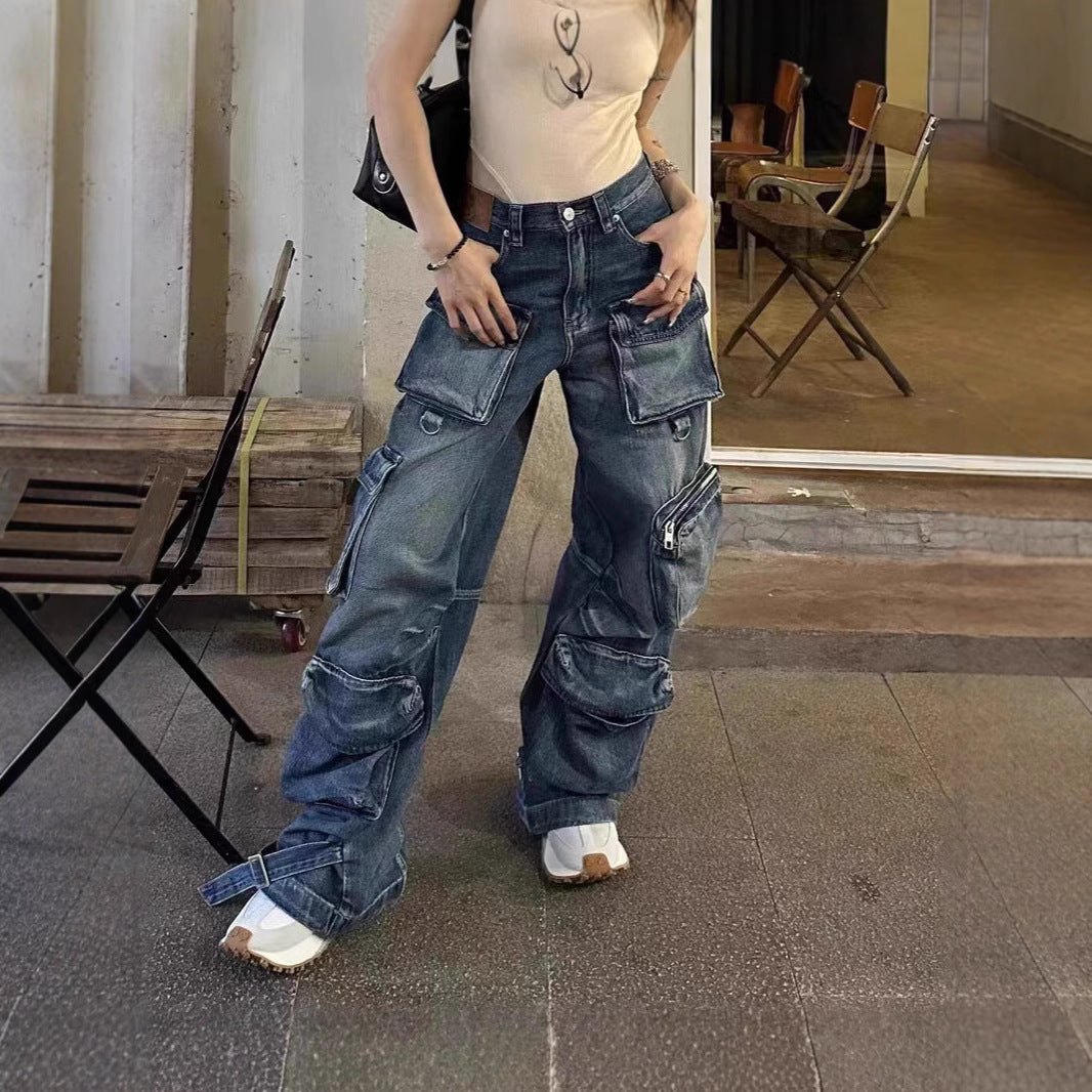 Damen Cargo-Jeans mit verschiedenen Taschen und weitem Schnitt Stalluxe