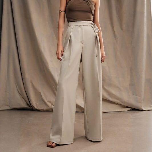 Damen elegante weite Hose mit Taillengürtel und seitlichen Falten Stalluxe