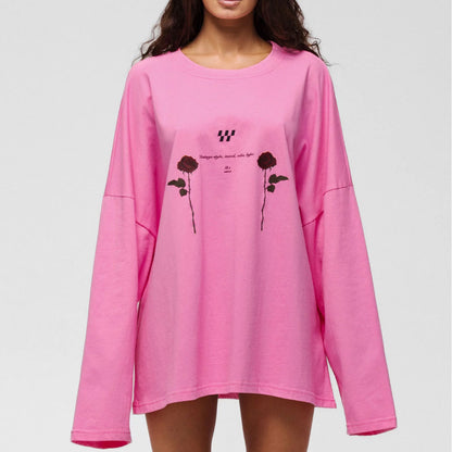Damen Oversized Langarm-T-Shirt mit floralen Grafikdetails Stalluxe Rosa