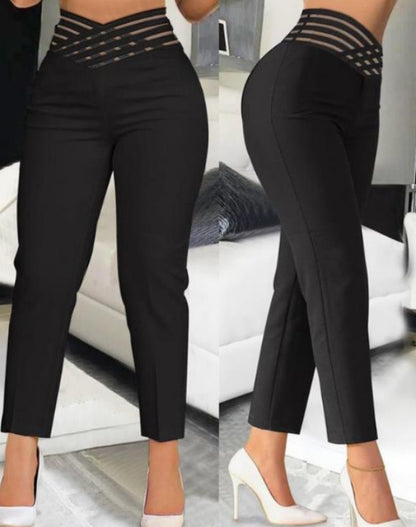 Damen stylische High-Waist Hosen mit transparentem Gitterbund Stalluxe