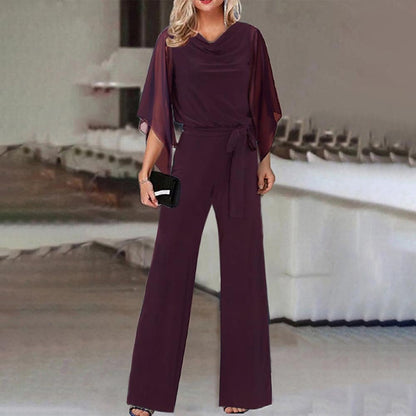 Damen eleganter Jumpsuit mit schwingenden Ärmeln und tailliertem Gürtel Stalluxe