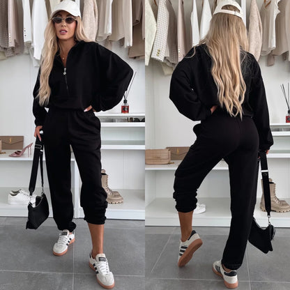 Damen sportliches Fleece-Set mit halbem Reißverschluss und elastischem Bund Stalluxe