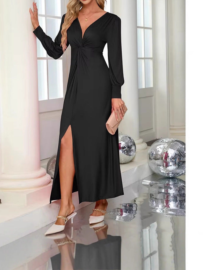 Damen Elegantes Maxikleid mit tiefem V-Ausschnitt und stilvollen Puffärmeln Stalluxe