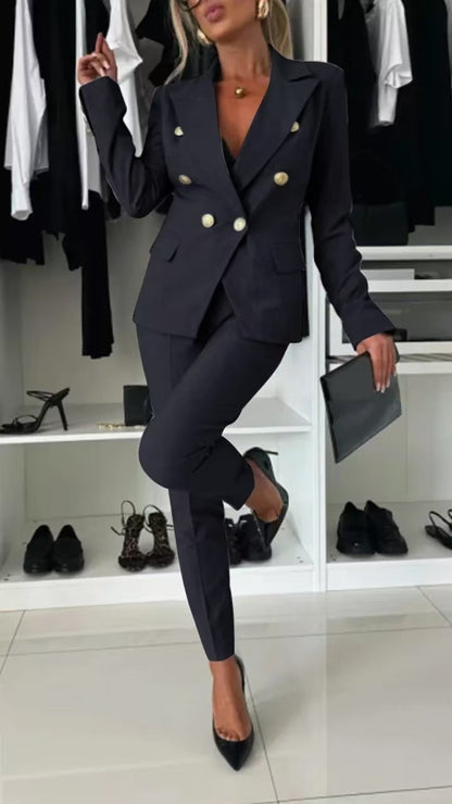 Damen Elegantes Blazer-Set mit taillierter Hose und doppelter Knopfleiste Stalluxe