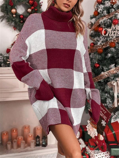 Damen Strickkleid mit hohem Kragen und Karomuster Stalluxe