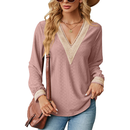 Damen Langarm Blusenshirt mit dekorativem V-Ausschnitt und Häkelelementen Stalluxe