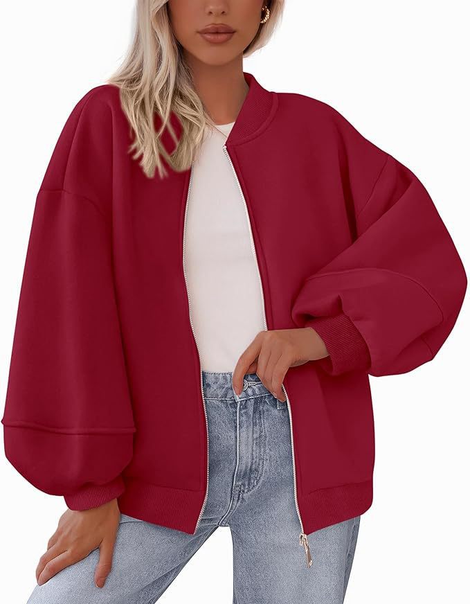 Damen Oversized Bomberjacke mit Reißverschluss und elastischen Bündchen Stalluxe Dunkelrot