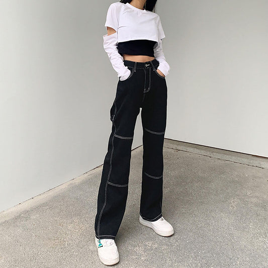 Damen weite Jeans mit modischen Kontrastnähten Stalluxe