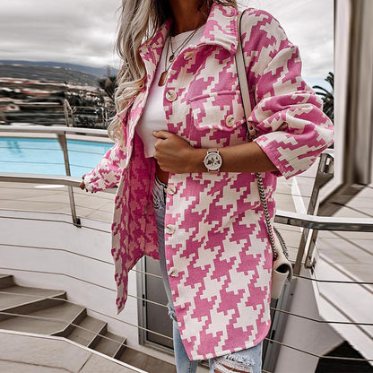 Damen Oversized Jacke im Hahnentritt-Design mit Taschen Stalluxe